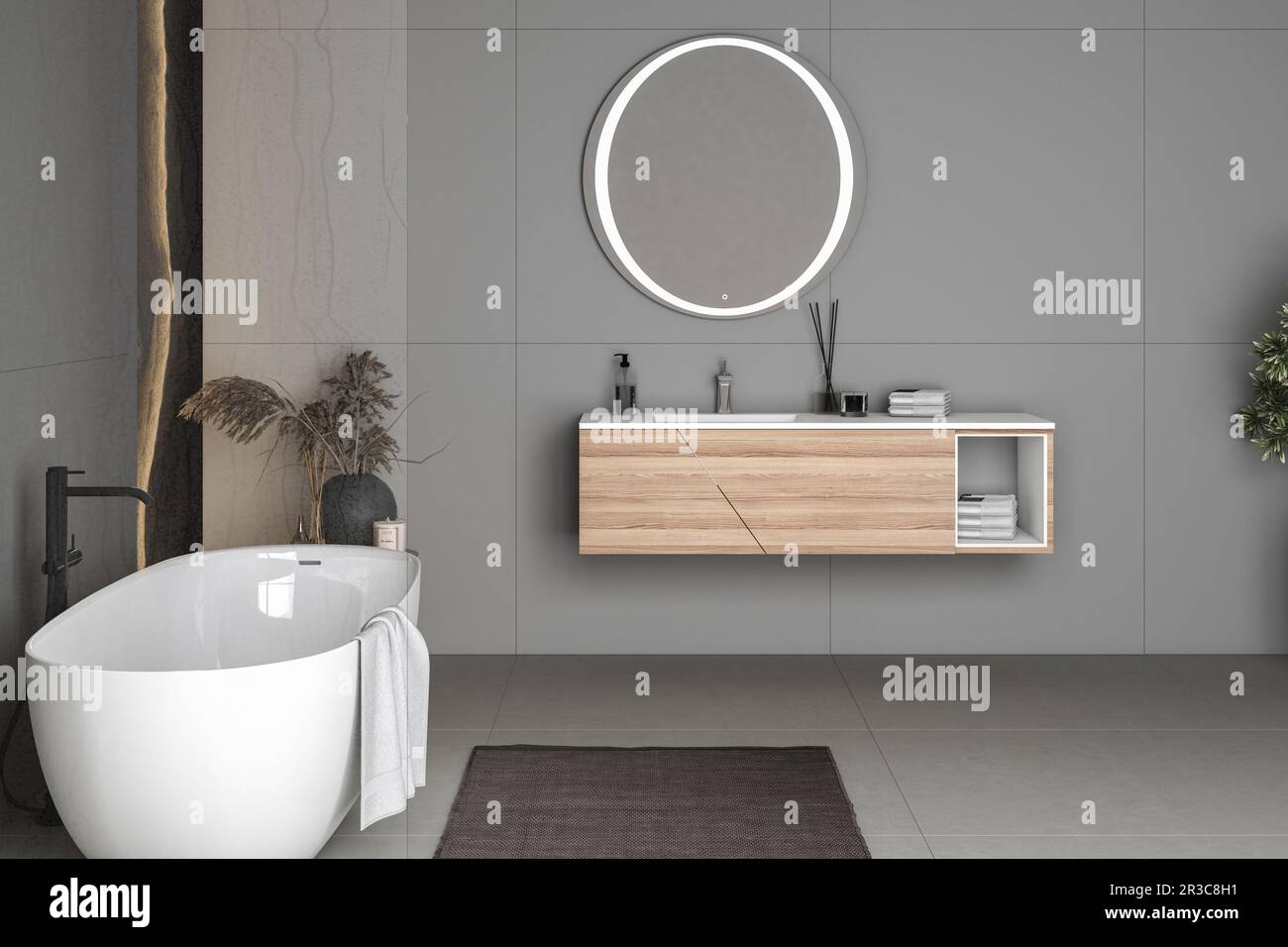 Modern bathroom interior with concrete floor, white oval bathtub and ...
