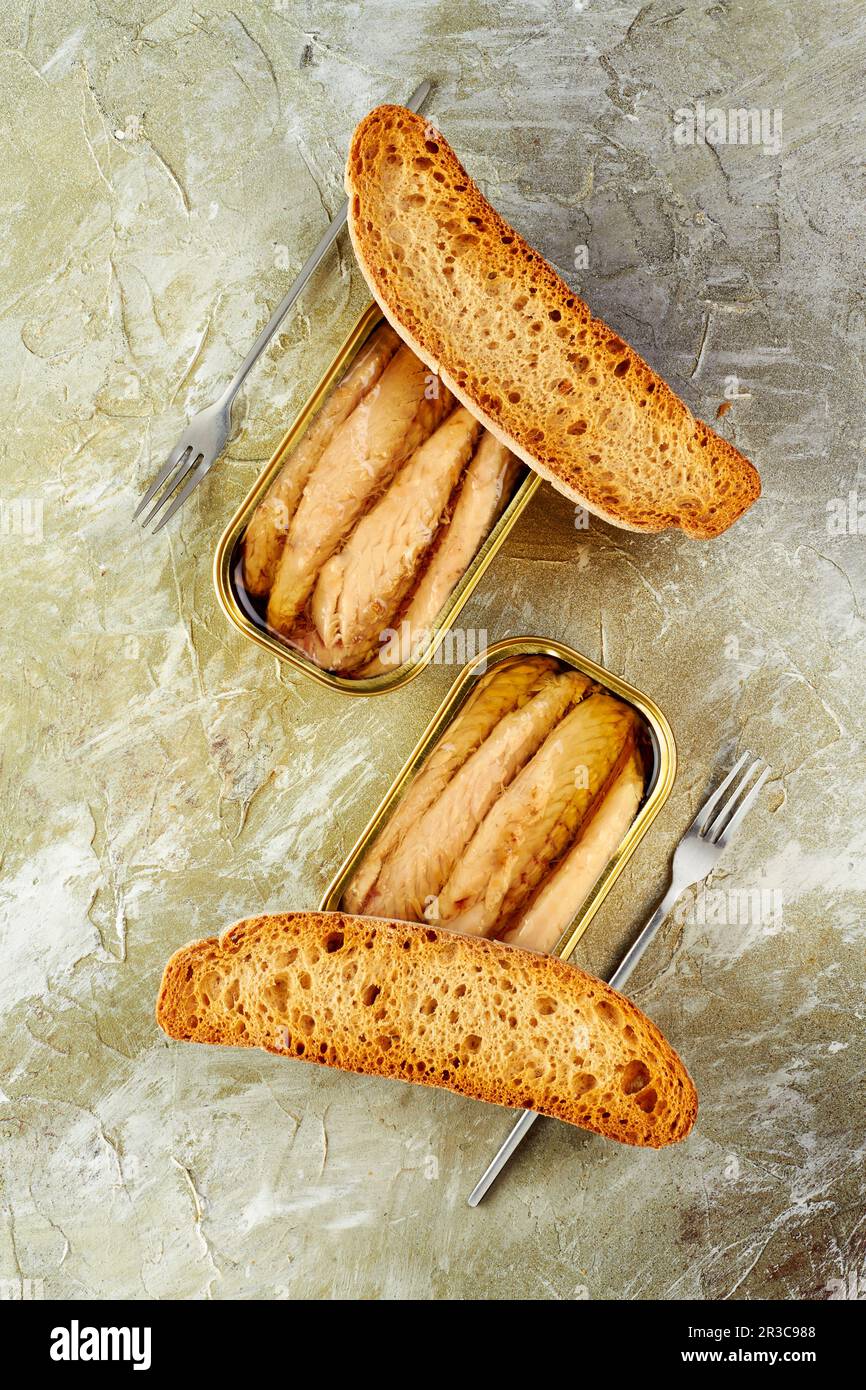 Tinned mackerel preserved in oil served with toasted bread Stock Photo Alamy