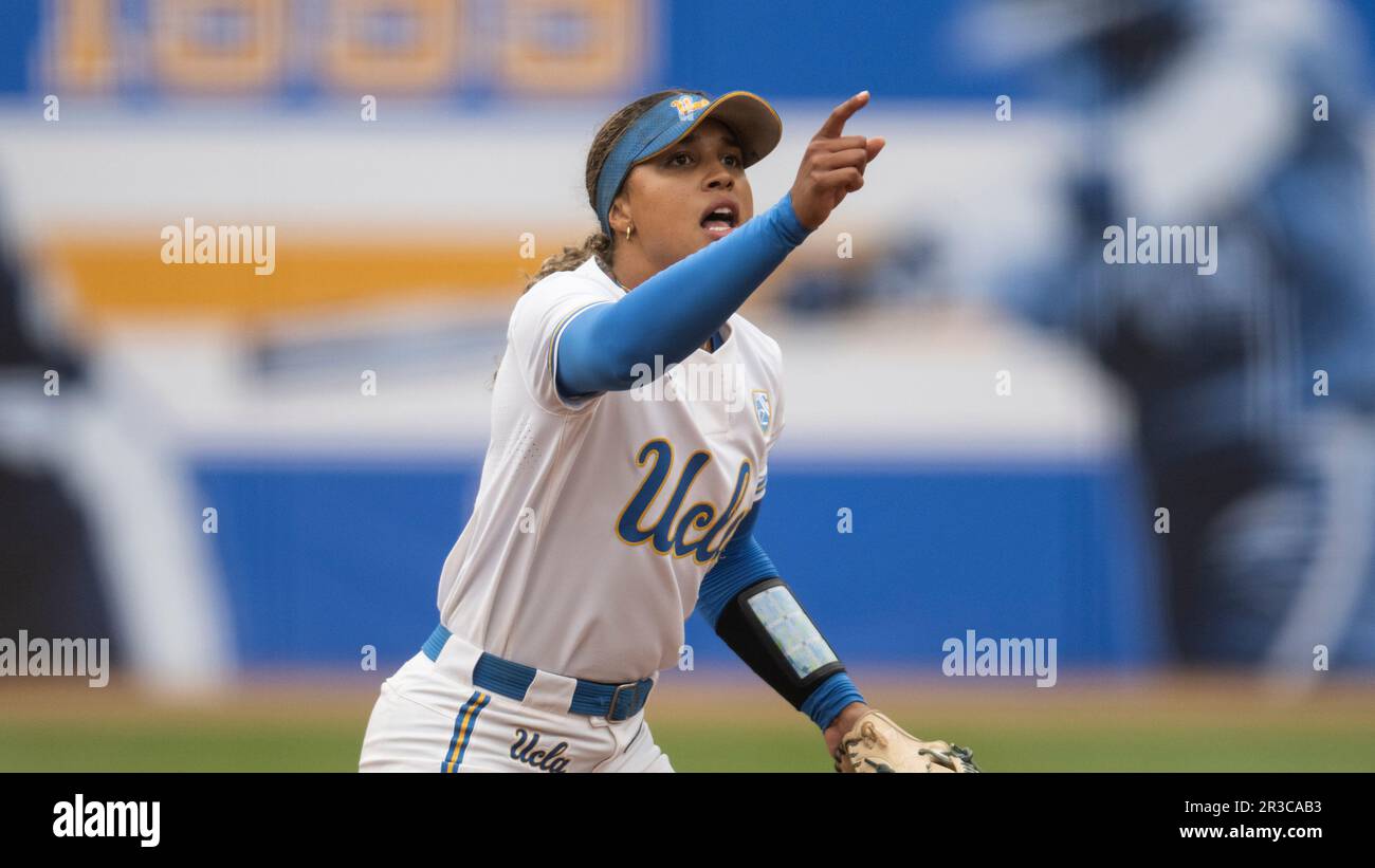 UCLA shortstop Maya Brady (7) gestures during an NCAA softball game