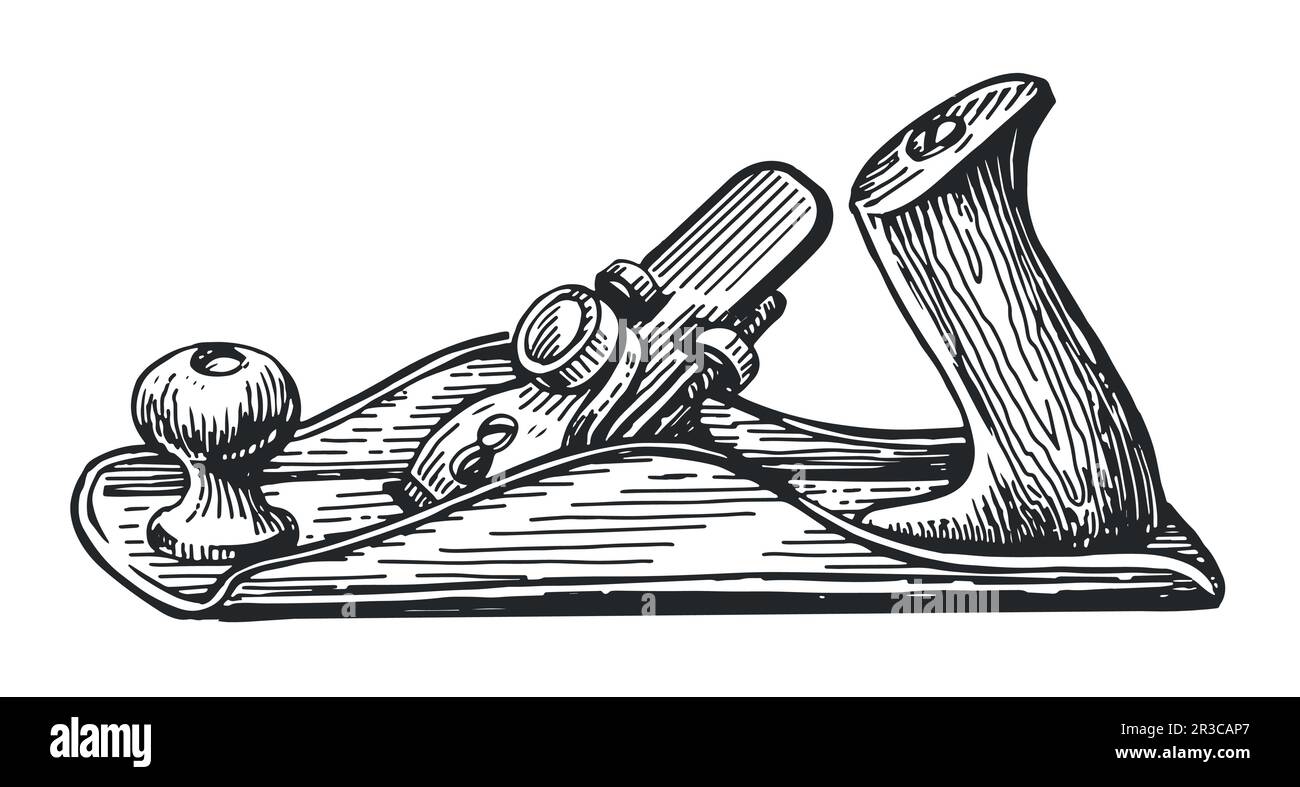 Wood shaving tool sketch. Carpenter planer, jointer in vintage engraving style. Carpentry