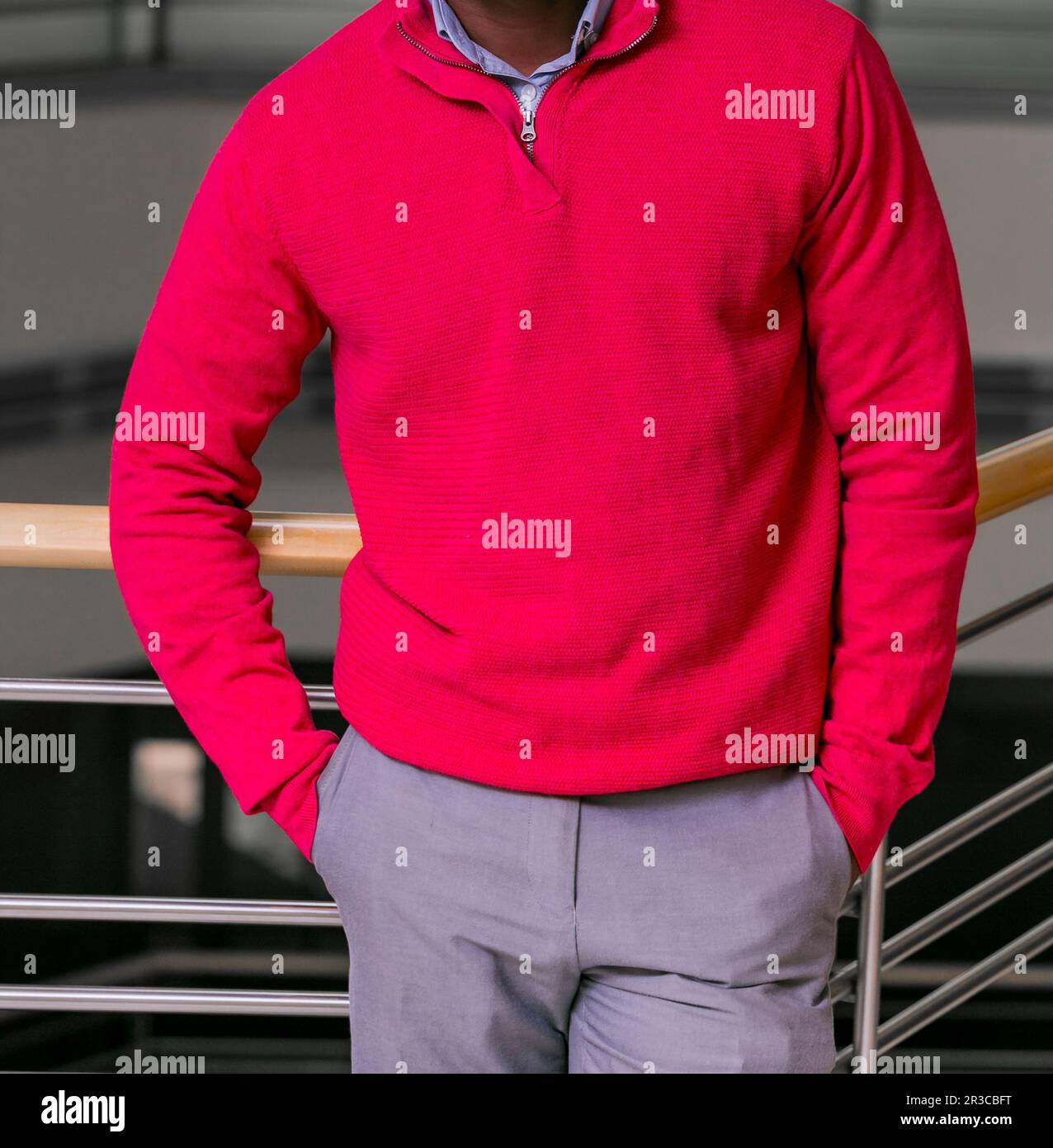 Cropped Head Man standing in a jumper sweater Stock Photo