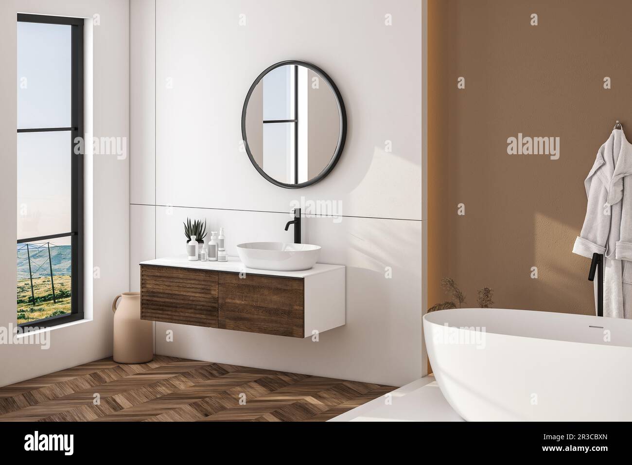 Modern bathroom interior with beige walls, white sink with oval mirror