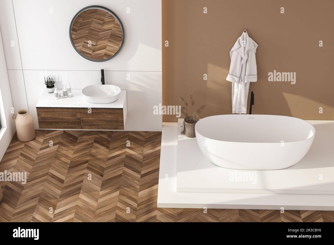 Modern bathroom interior with beige walls, white sink with oval mirror ...