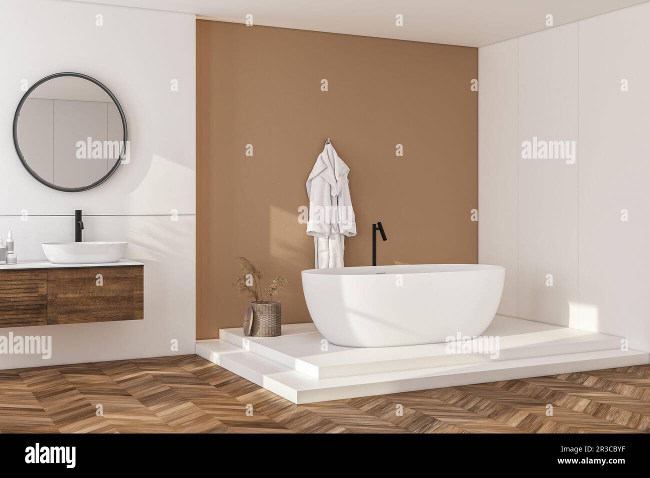 Modern bathroom interior with beige walls, white sink with oval mirror ...