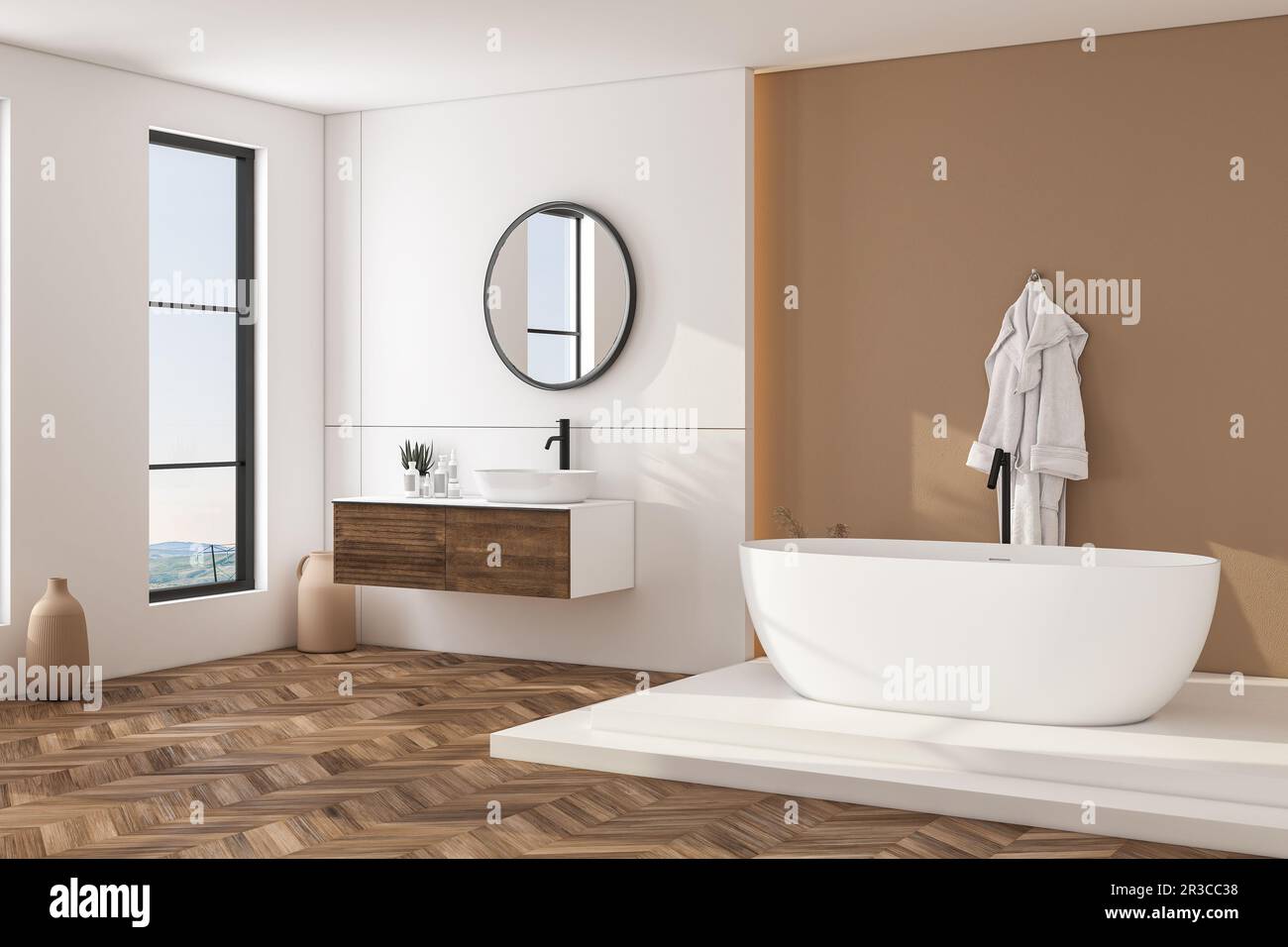 Modern bathroom interior with beige walls, white sink with oval mirror ...