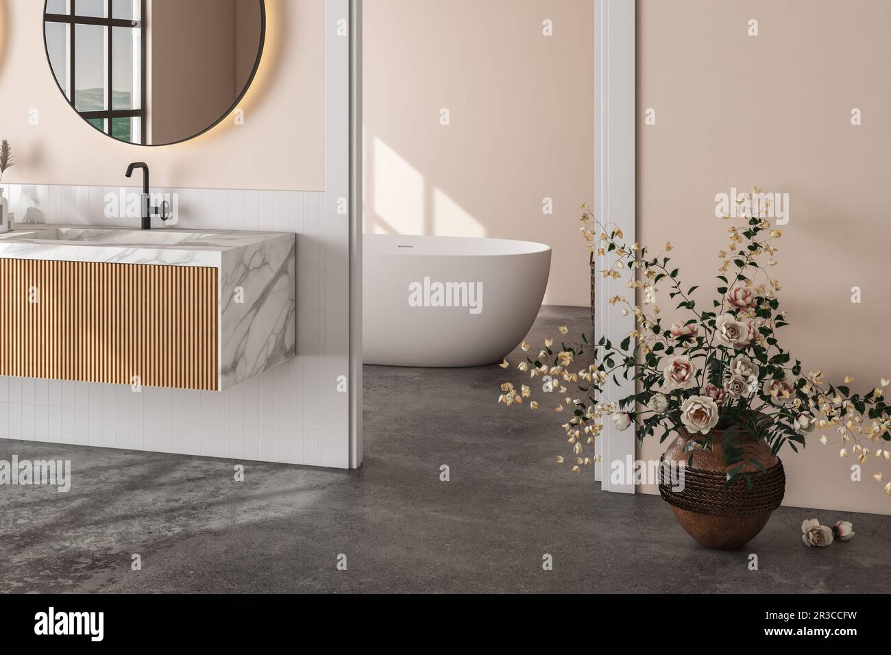 Interior of modern bathroom with white tiles and beige walls, concrete ...