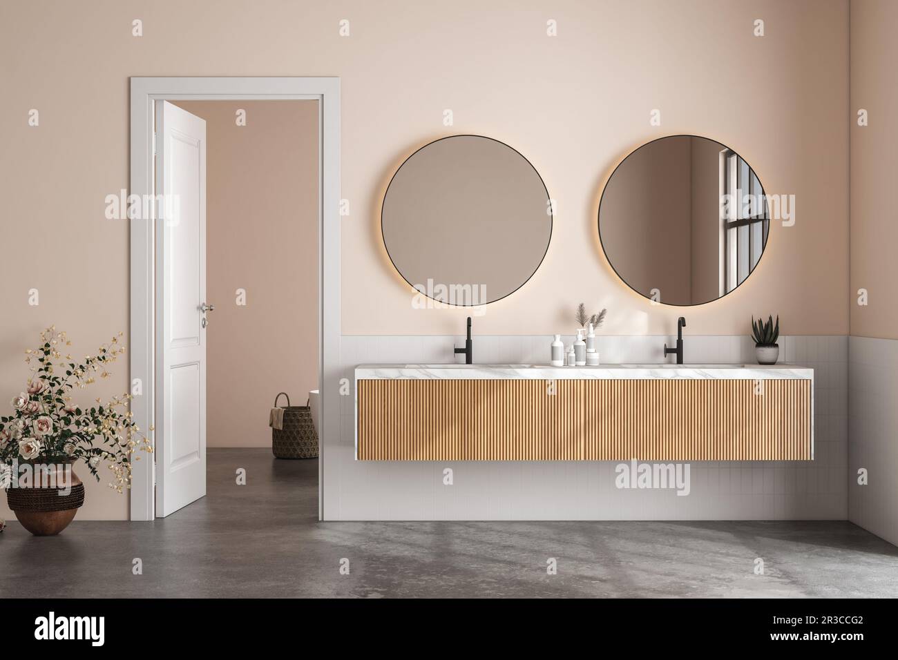 Interior of modern bathroom with white tiles and beige walls, concrete ...