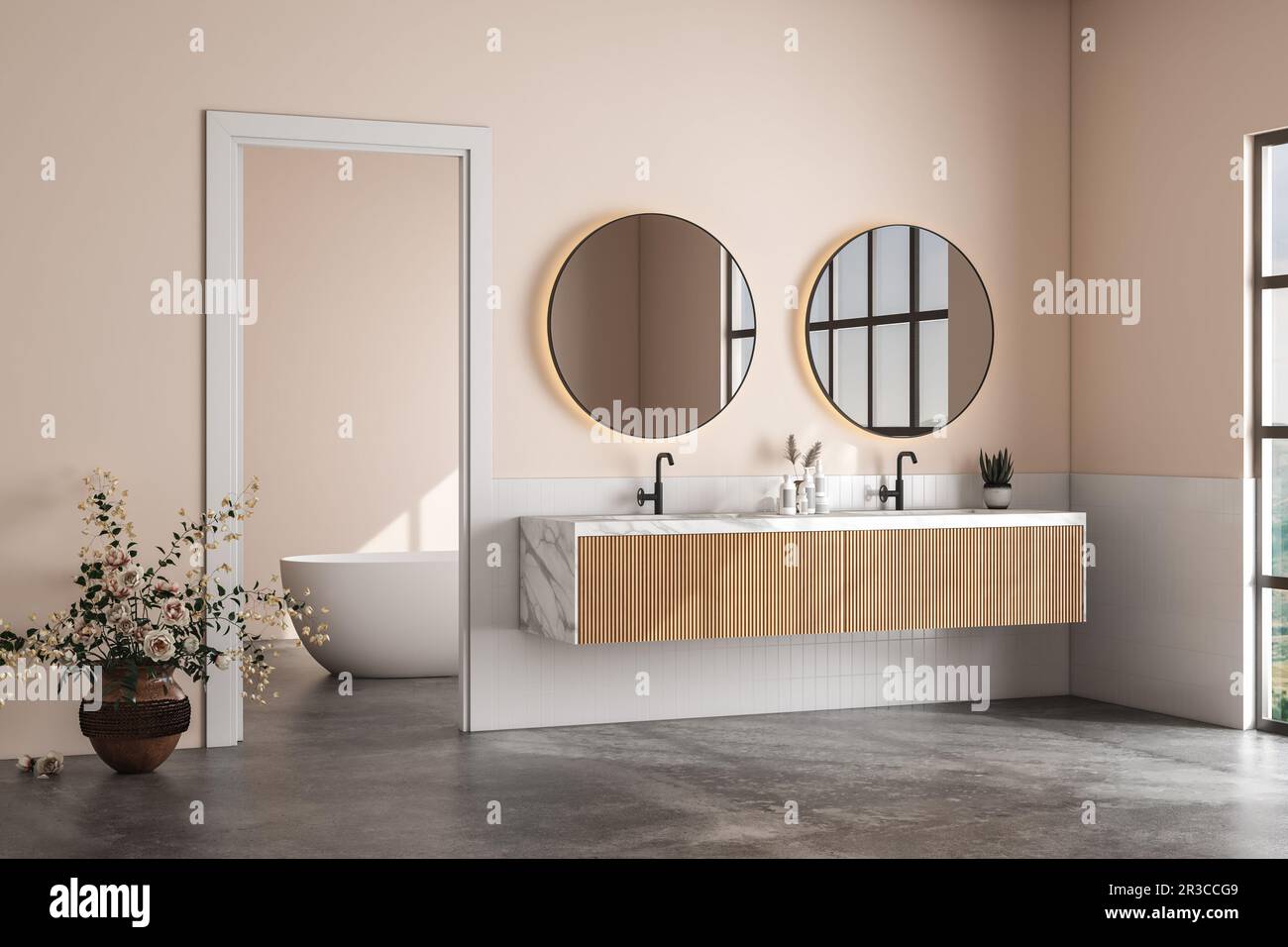 Interior of modern bathroom with white tiles and beige walls, concrete ...
