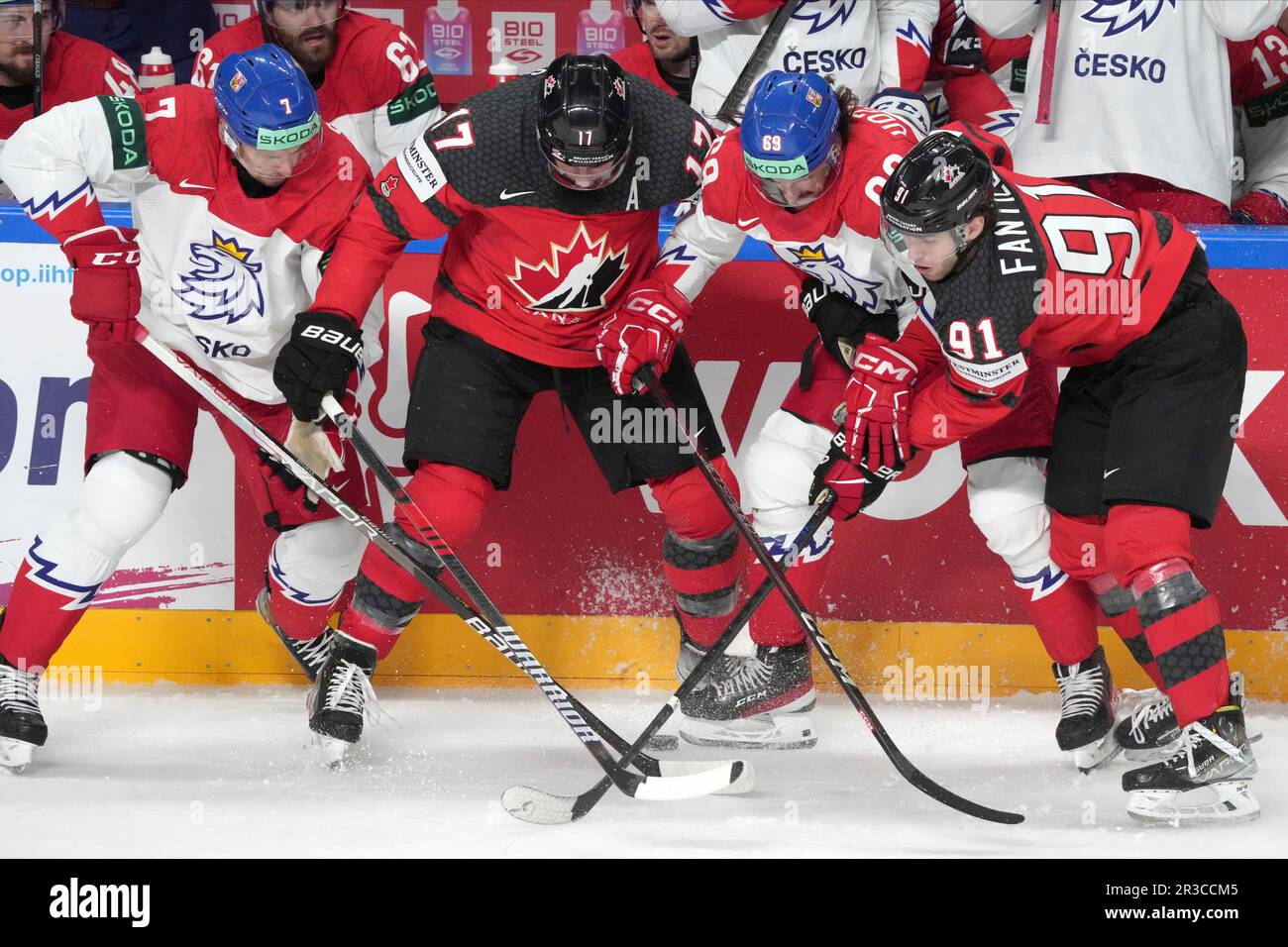Adam Fantilli of Team Canada skates the puck during the first