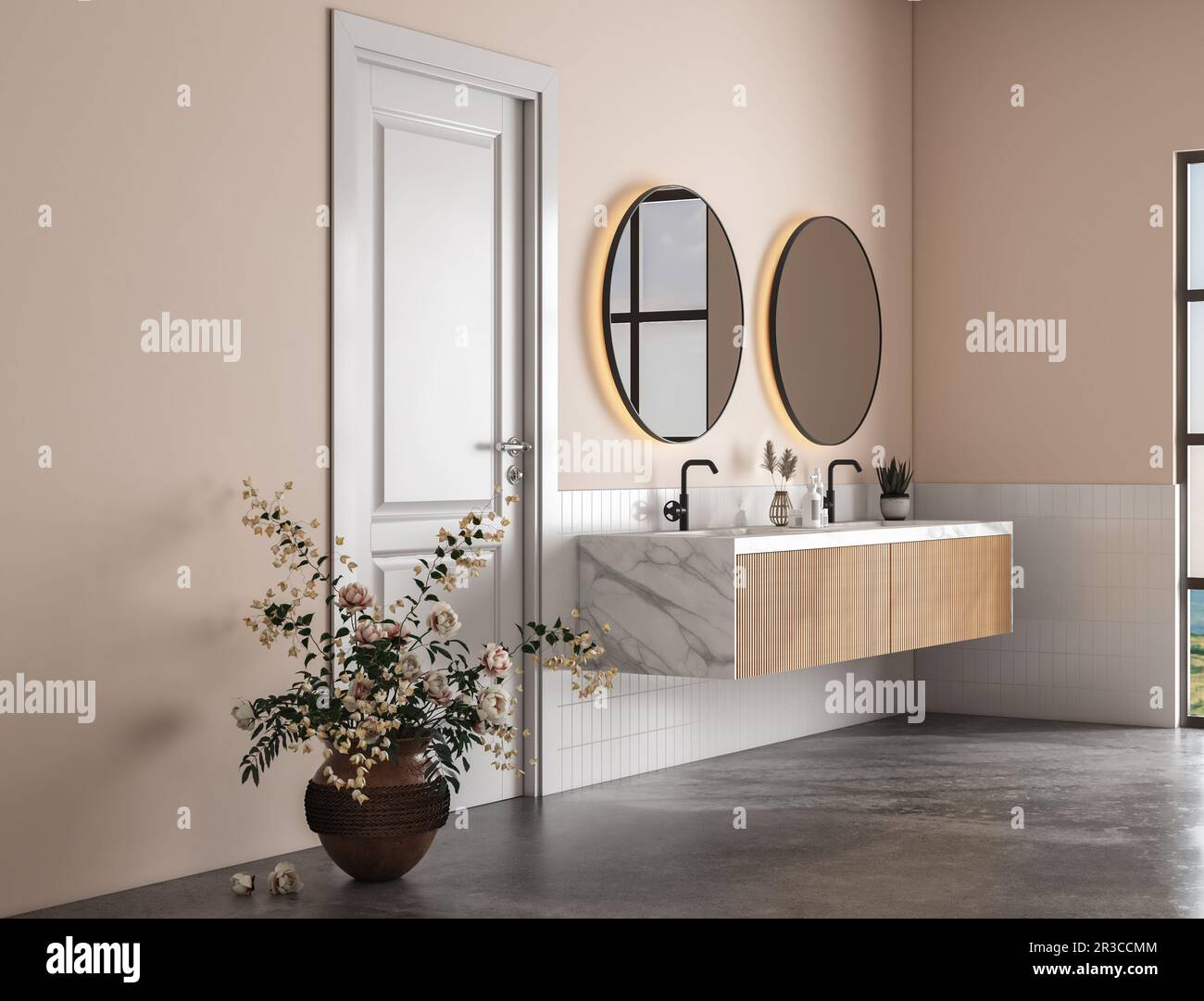 Interior of modern bathroom with white tiles and beige walls, concrete ...