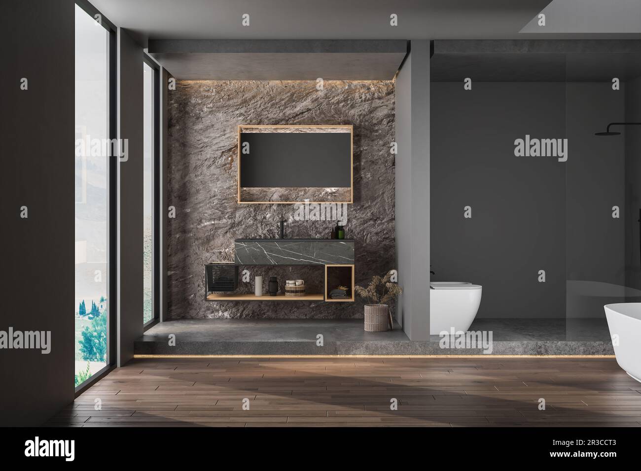 Modern minimalist bathroom interior, modern bathroom cabinet, black sink, bathroom accessories, bathtub and toilet, parquet floor. 3d rendering Stock Photo