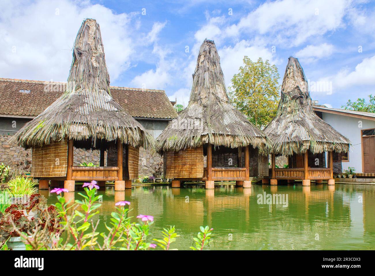 Restaurant in front of fish pond with blue sky, tasikmalaya, west java ...