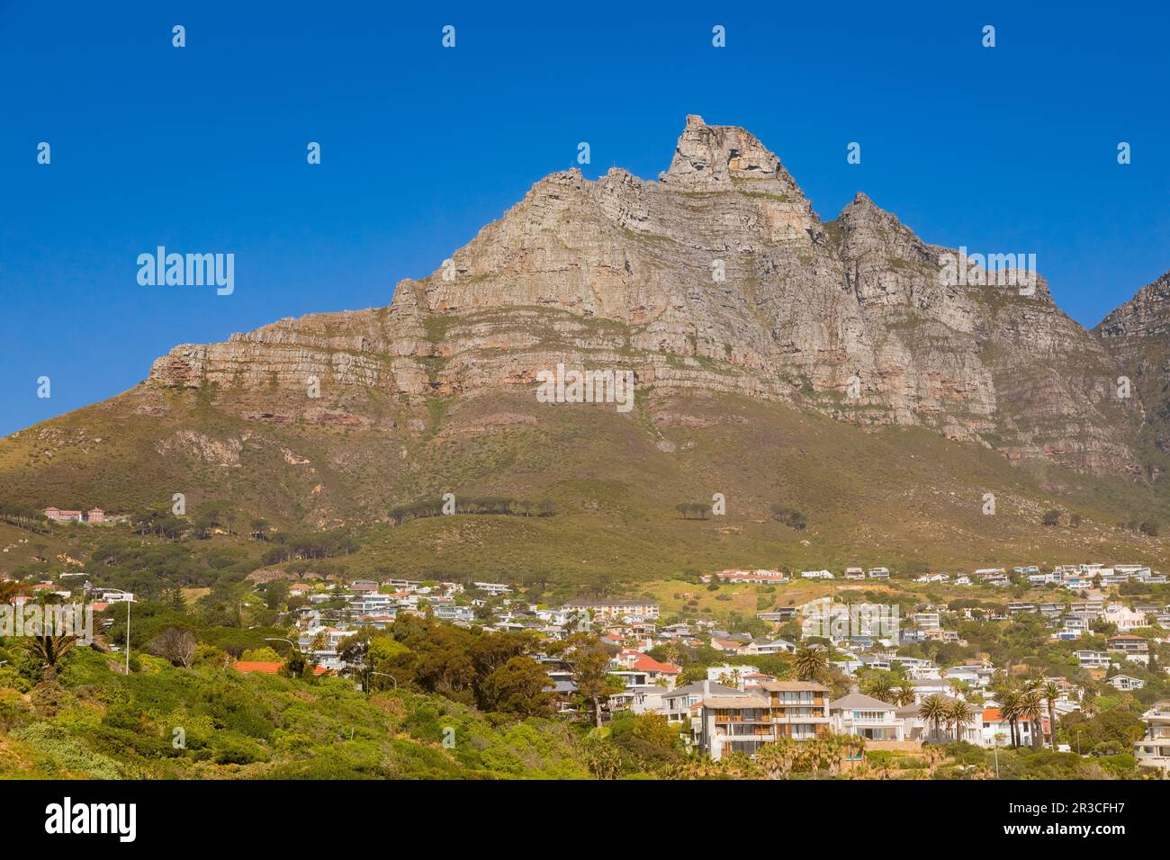 View of Table Mountain from Camps Bay in Cape Town Stock Photo