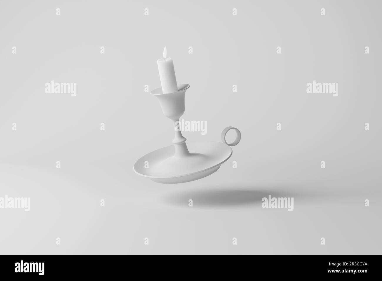 White candle holder with an ignited candle floating in mid air casting