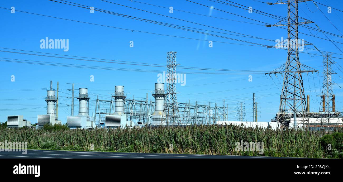 A view of a substation power plant. Stock Photo
