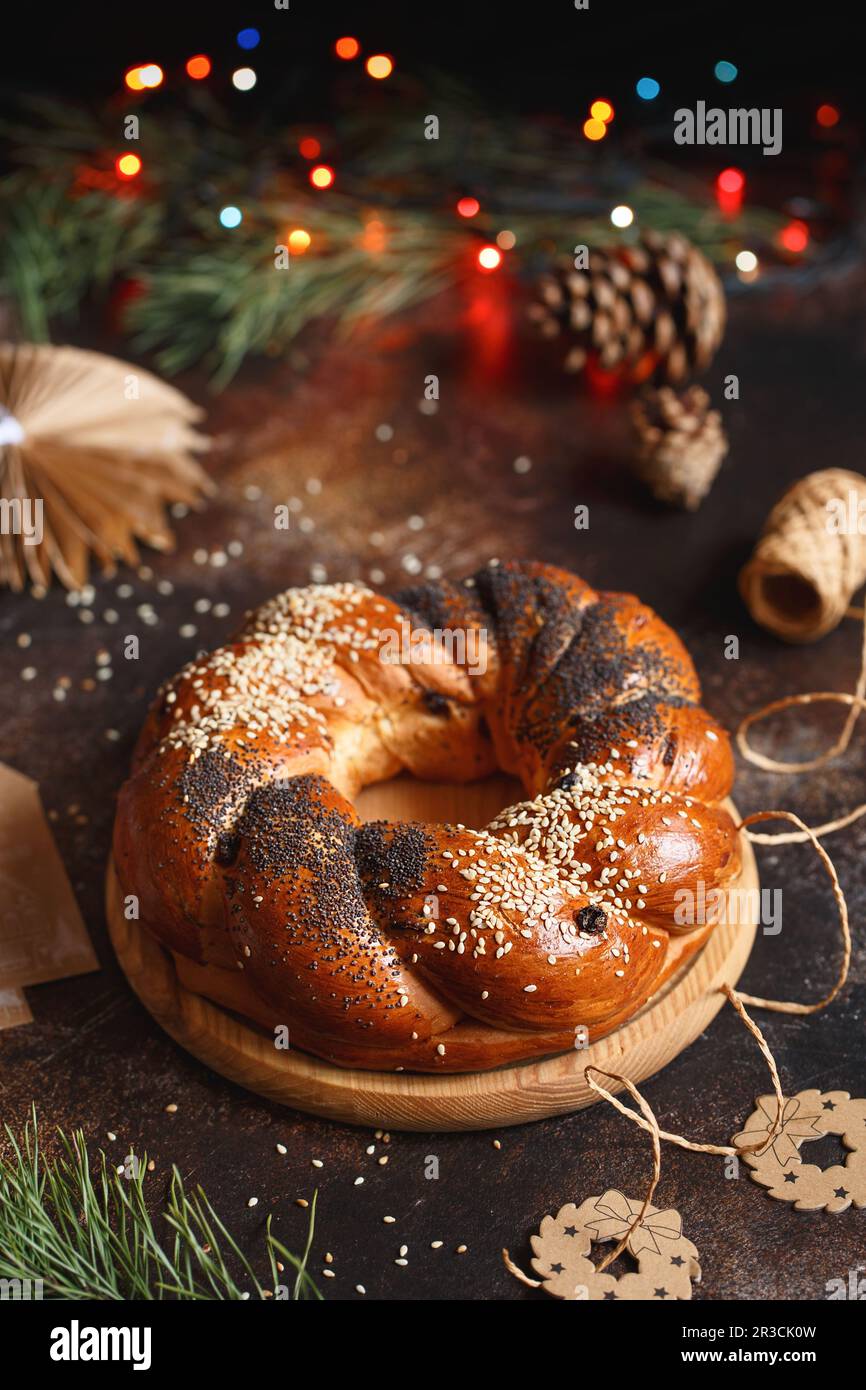 Sweet Bread Wreath. Honey brioche garland with dried berries and nuts. Holiday recipes. Braided Brea Stock Photo