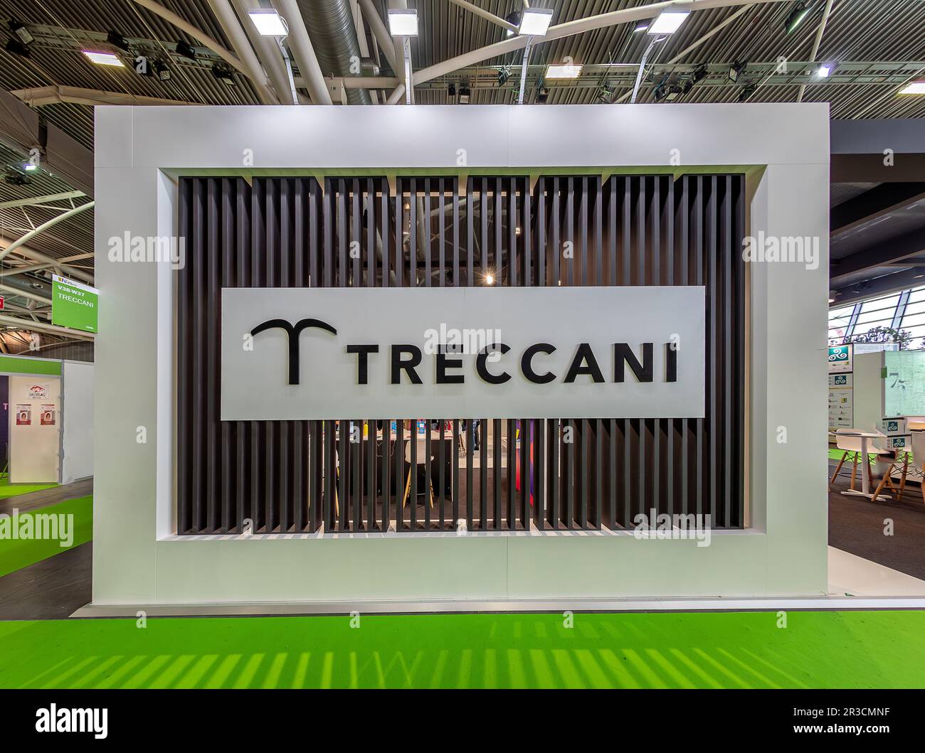 Turin, Italy - May 22, 2023: Traccani logo on the booth at the 35th Turin International Book Fair. Treccani is famous encyclopedia publisher Stock Photo