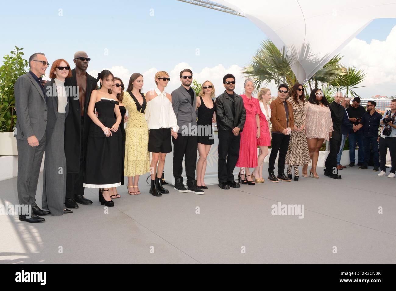 May 23, 2023, CANNES, France: CANNES, FRANCE - MAY 23: (L-R) Hank Azaria, Hari Nef, Moses Sumney, Jennie Kim, Rachel Sennott, Sophie Mudd, Troye Sivan, Director Sam Levinson, Lily-Rose Depp, Abel Makkonen Tesfaye aka The Weeknd, Jane Adams, Suzanna Son, Reza Fahim, Ashley Levinson, Da'vine Joy Randolph and Mitch Modes attend ''The Idol'' photocall at the 76th annual Cannes film festival at Palais des Festivals on May 23, 2023 in Cannes, France. (Credit Image: © Frederick Injimbert/ZUMA Press Wire) EDITORIAL USAGE ONLY! Not for Commercial USAGE! Stock Photo