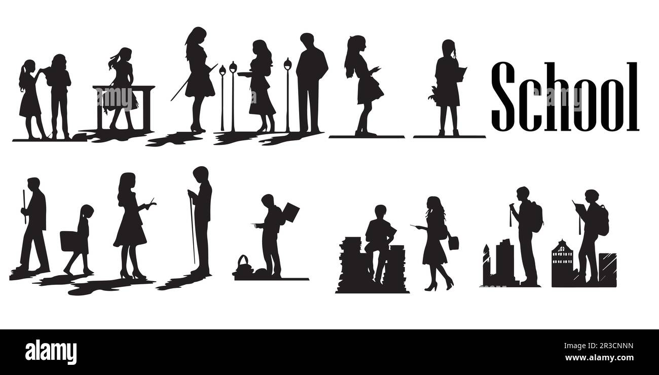 Silhouettes of school student vector illustration. Stock Vector
