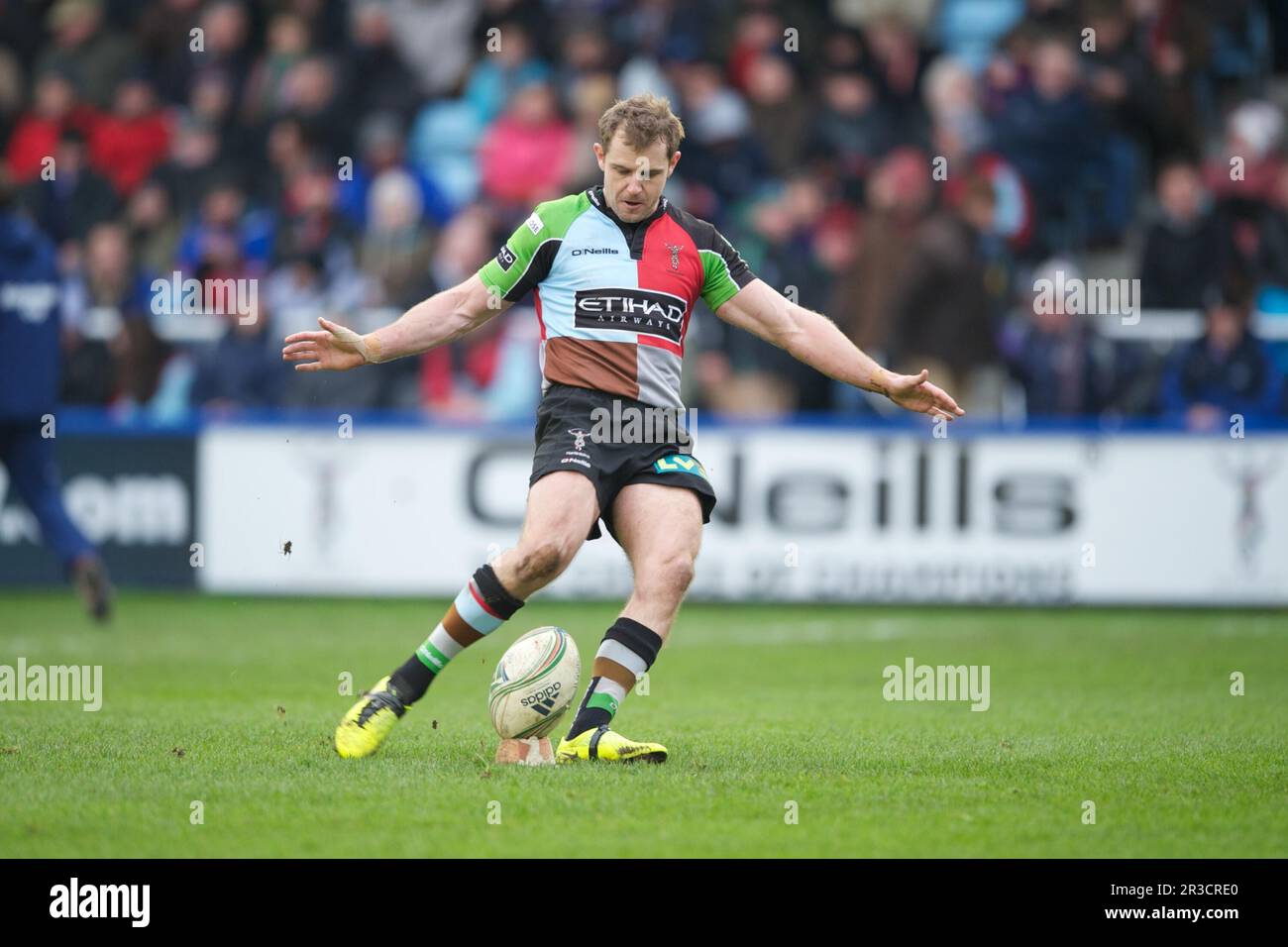 Nick Evans of Harlequins takes a penalty kick during the Heineken Cup match between Harlequins and Connacht Rugby at The Twickenham Stoop on Saturday Stock Photo