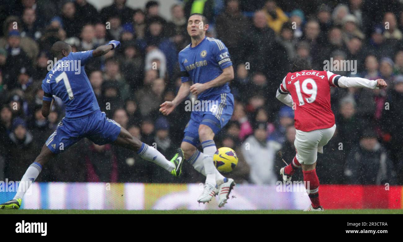 Chelsea's Ramires (L)  Chelsea's Frank Lampard (M) and Arsenal's Santi Cazorla battle for the ball. Chelsea's beat Arsenal 2:1Chelsea 20/01/13 Chelsea Stock Photo