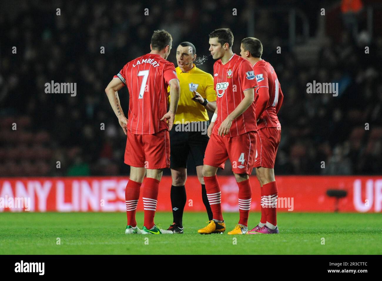 Referee Mr N Swarbrick has words with (L-R) Rickie Lambert, Morgan Schneiderlin and Gaston Ramirez of Southampton during the Barclays Premier League m Stock Photo
