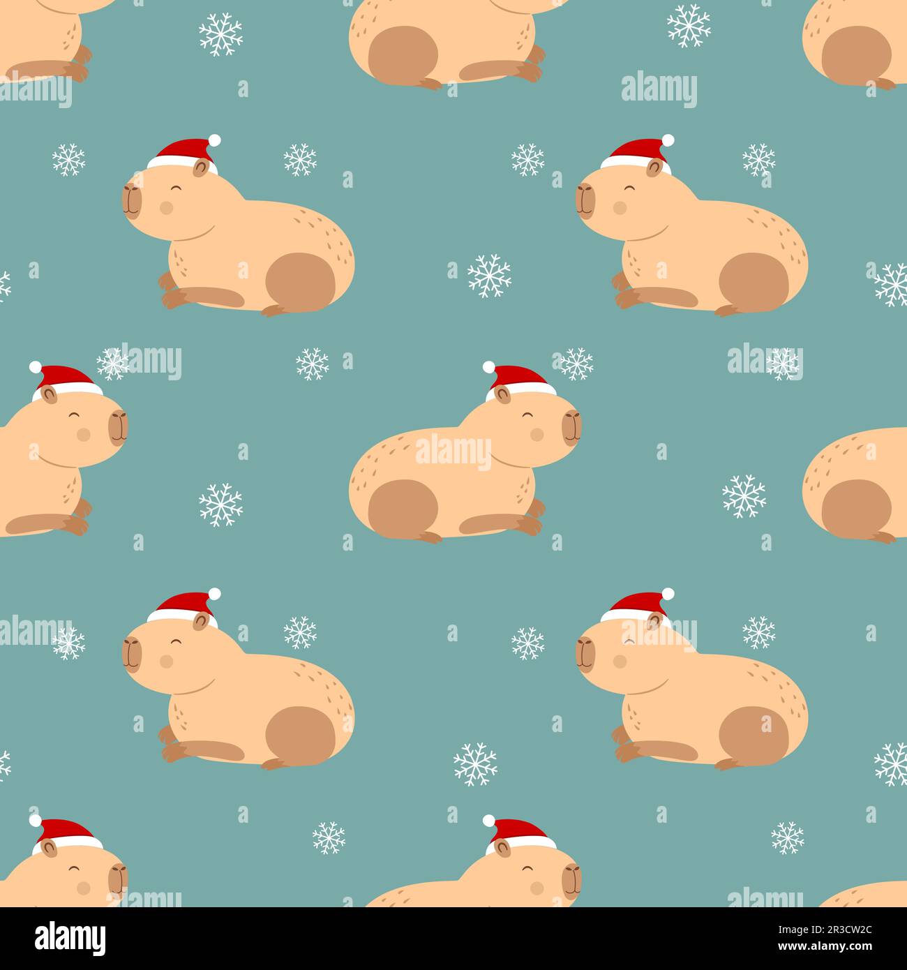 Seamless pattern with capybara in red hat and snowflakes Stock Vector
