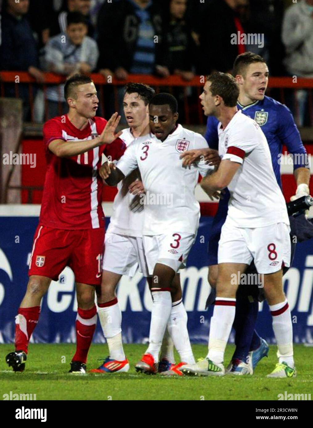 Krusevac Serbia v England U21 Euro 2013 Qualifier (0-1)Danny Rose is confronted by Sasa Martkovic (l) as team-mates Adam Smth, Jordan Henderson and Ja Stock Photo