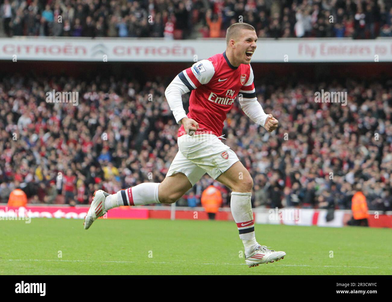 Arsenals Lukas Podolski celebrates his first and Arsenal second goal.  Arsenal lead 2:1Arsenal 17/11/12 Arsenal V Tottenham Hotspurs 17/11/12 The  Premi Stock Photo - Alamy, image size:1300x1002