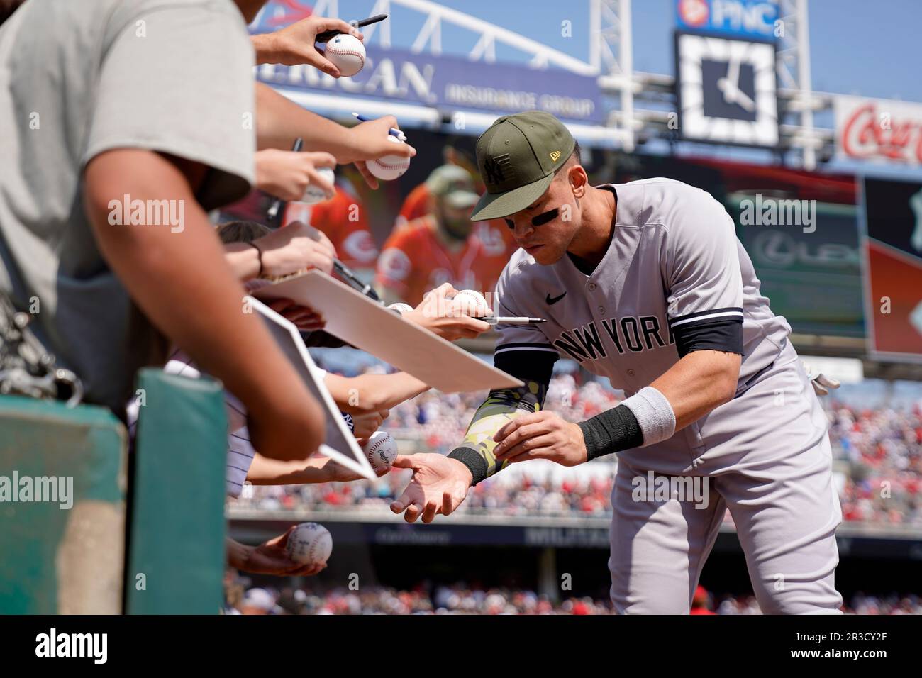 New York Yankees' Aaron Judge signs autographs prior to a baseball game