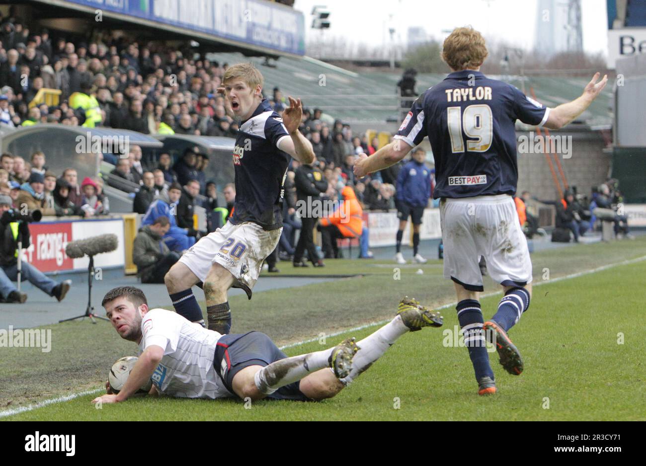 Blackburn Rovers' Grant Hanley battles with Millwall's  Andy Keogh and Millwall's  Chris TaylorMillwall FC 10/03/13 Millwall FC V Blackburn Rovers  10 Stock Photo