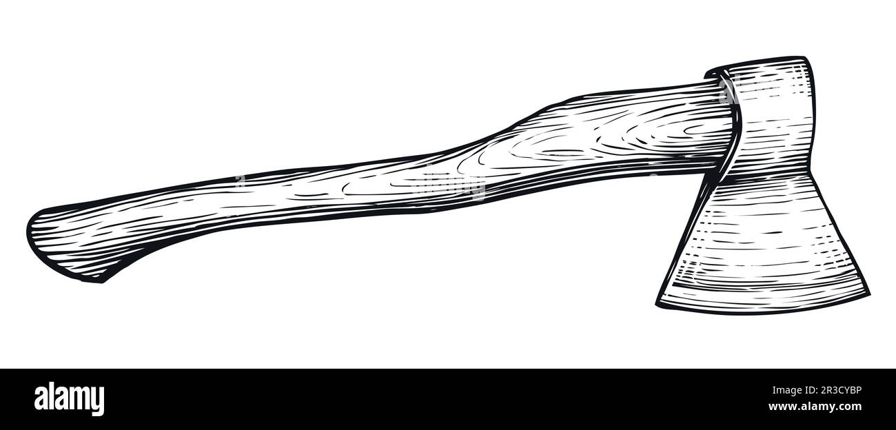 Hand drawn sketch of axe. Woodworking tool. Detailed vintage etching