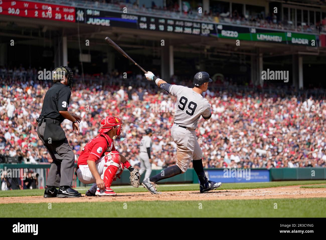 New York Yankees' Aaron Judge (99) bats in a baseball game against the Cincinnati Reds in