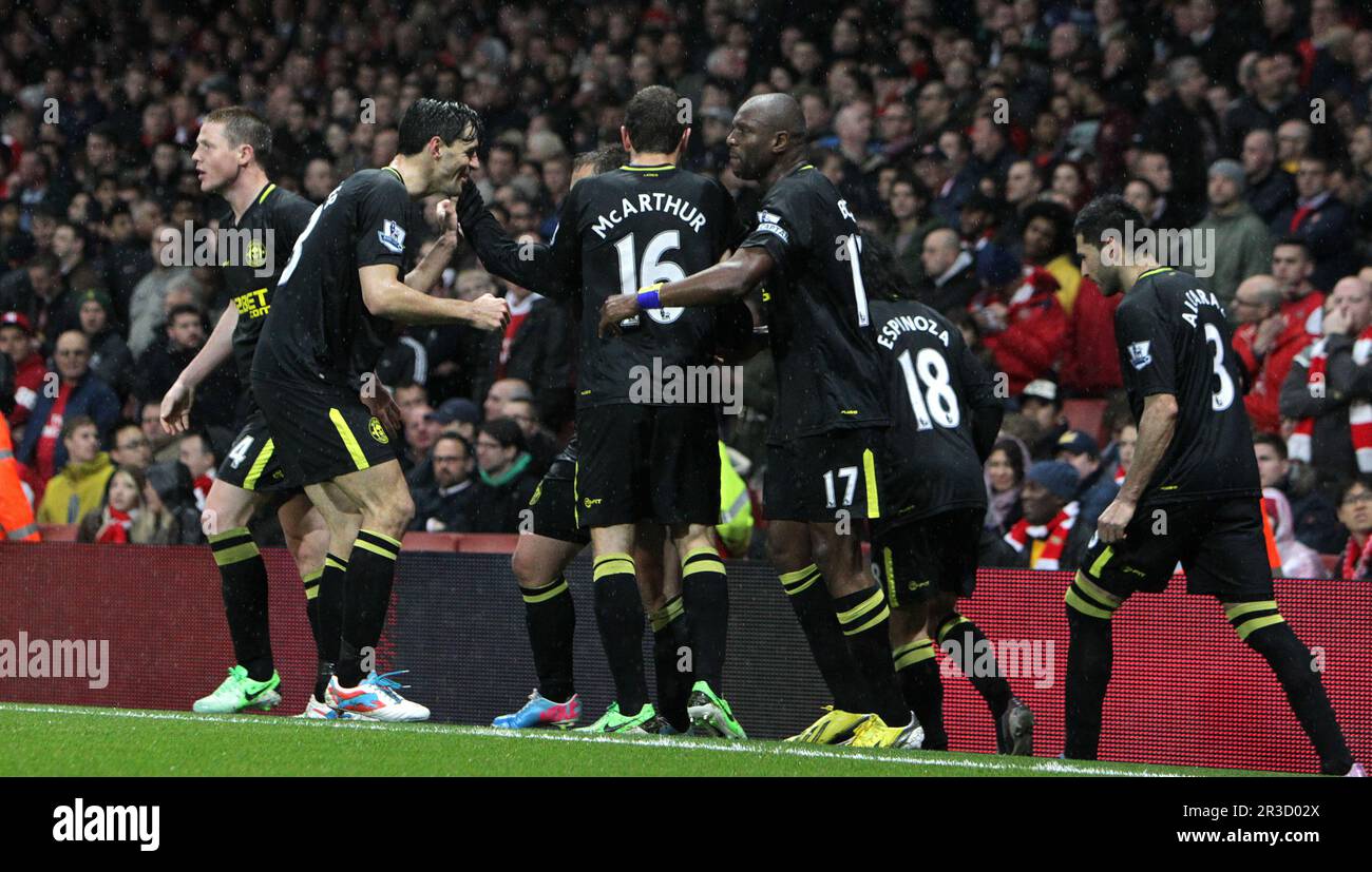 Wigan Athletic's Shaun Maloney celebrates with his team after scoring to level the game 1:1Arsenal 14/05/13 Arsenal V Wigan Athletic  14/05/13 The Pre Stock Photo