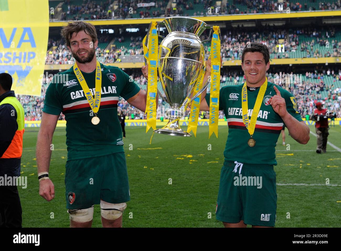 Geoff Parling (left) and Anthony Allen of Leicester Tigers with the trophy after the Aviva Premiership Final between Leicester Tigers and Northampton Stock Photo