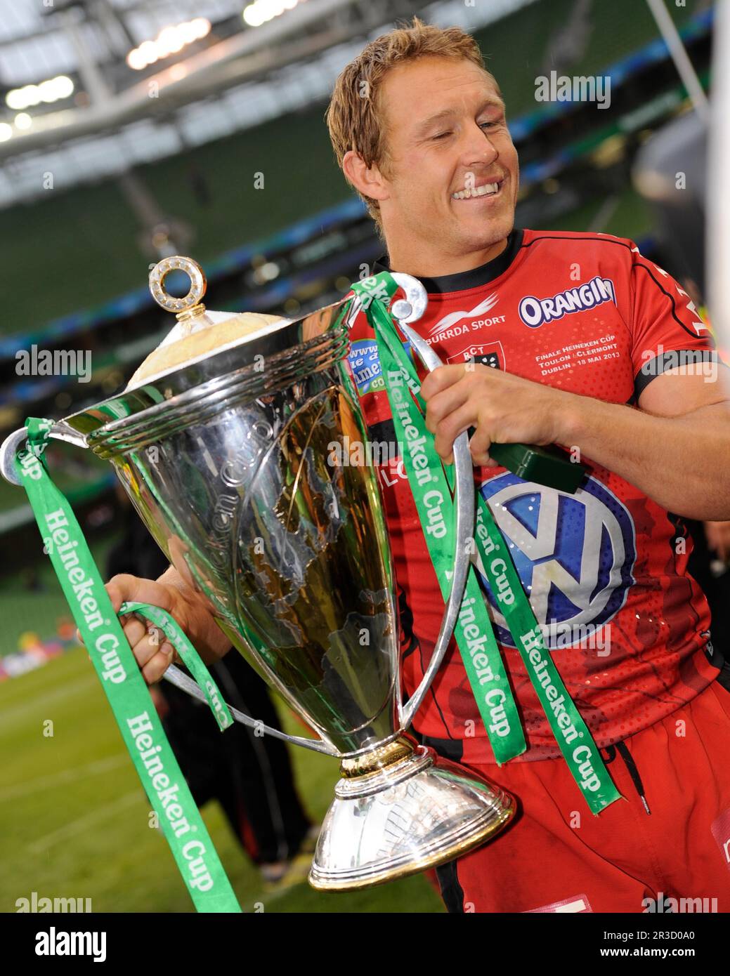 Jonny Wilkinson of RC Toulon celebrates with the trophy after winning the Heineken Cup Final between ASM Clermont Auvergne and RC Toulon at the Aviva Stock Photo