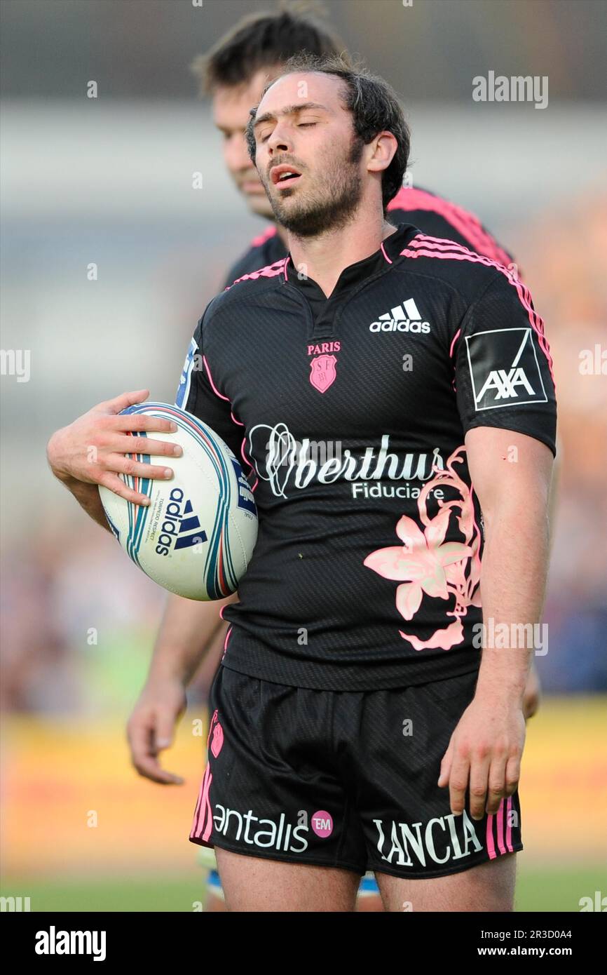 Julien Dupuy of Stade Francais looks dejected as they go into half time 6-21down during the Amlin Challenge Cup Final between Leinster Rugby and Stade Stock Photo
