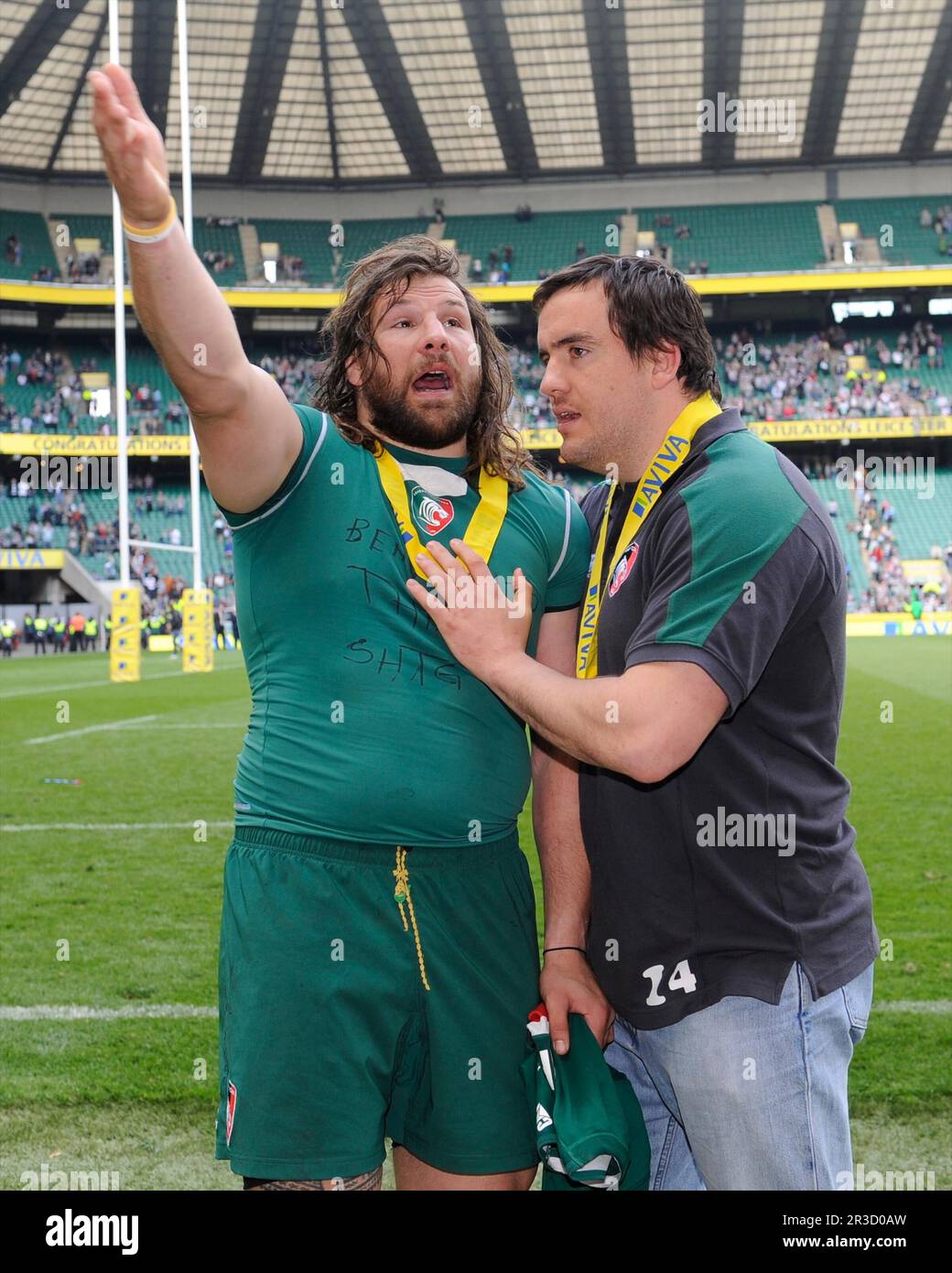 Martin Castrogiovanni of Leicester Tigers gestures at the end of the Aviva Premiership Final between Leicester Tigers and Northampton Saints at Twicke Stock Photo