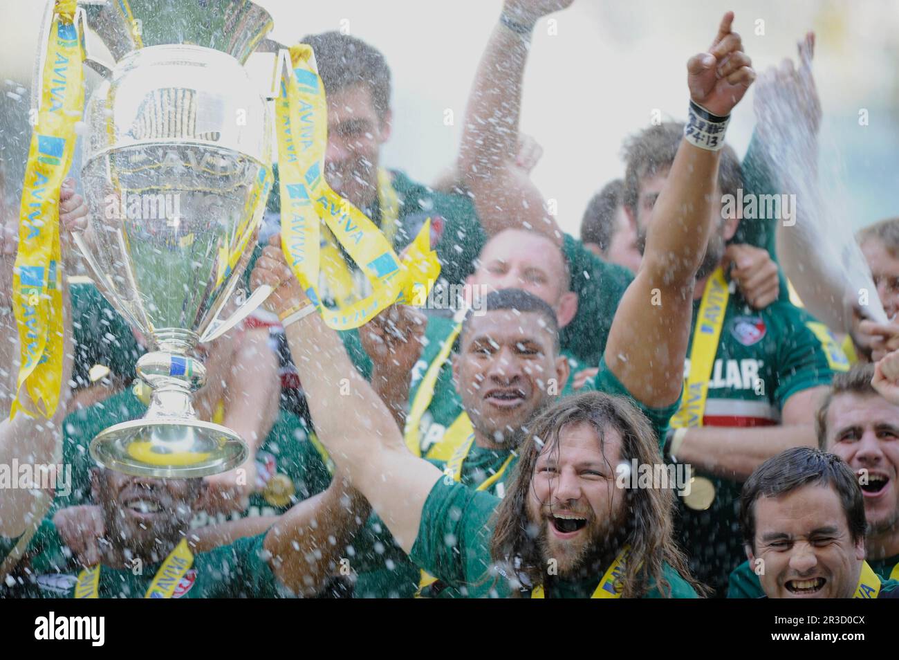 Martin Castrogiovanni of Leicester Tigers holds the trophy aloft after winning the Aviva Premiership Final between Leicester Tigers and Northampton Sa Stock Photo
