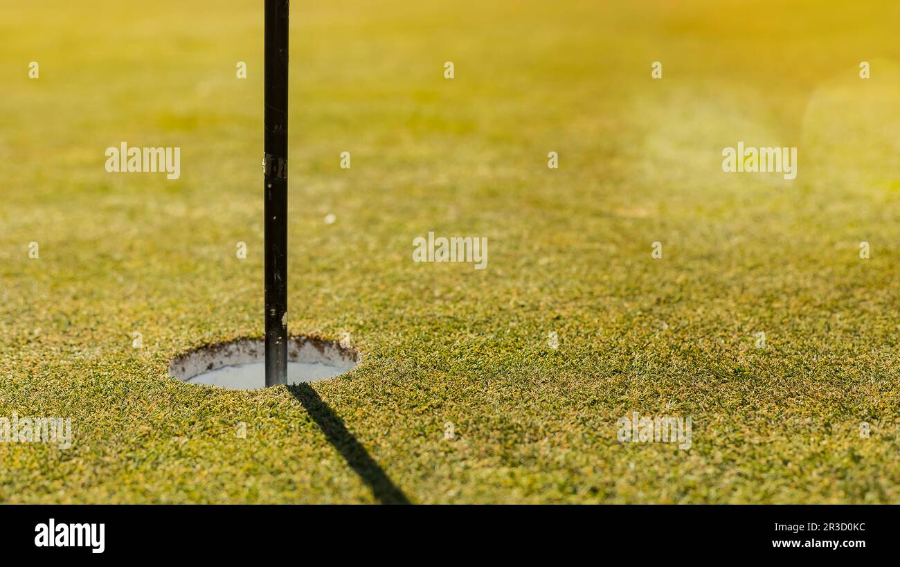 Golf Course putting green hole with flag pole Stock Photo Alamy
