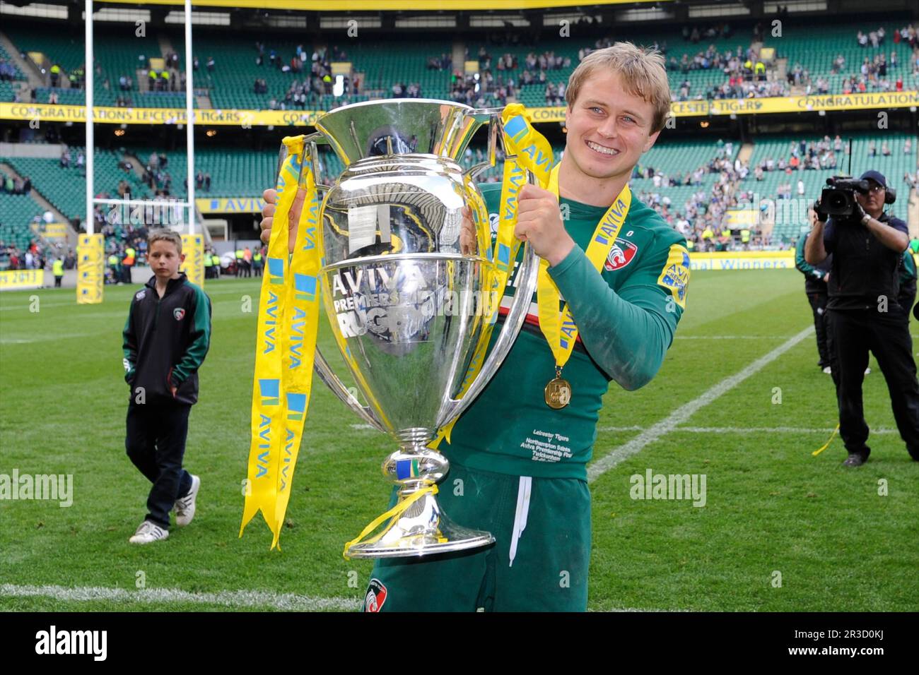 Mathew Tait of Leicester Tigers holds the trophy after the Aviva ...