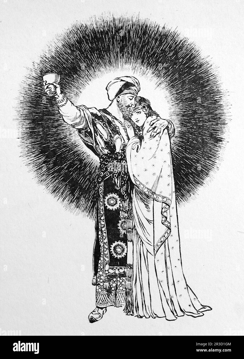 By Rene Bull. Line drawing of a man embracing a woman, his arm outstretched with a cup of wine. From The Rubaiyat of Omar Khayyam. Stock Photo