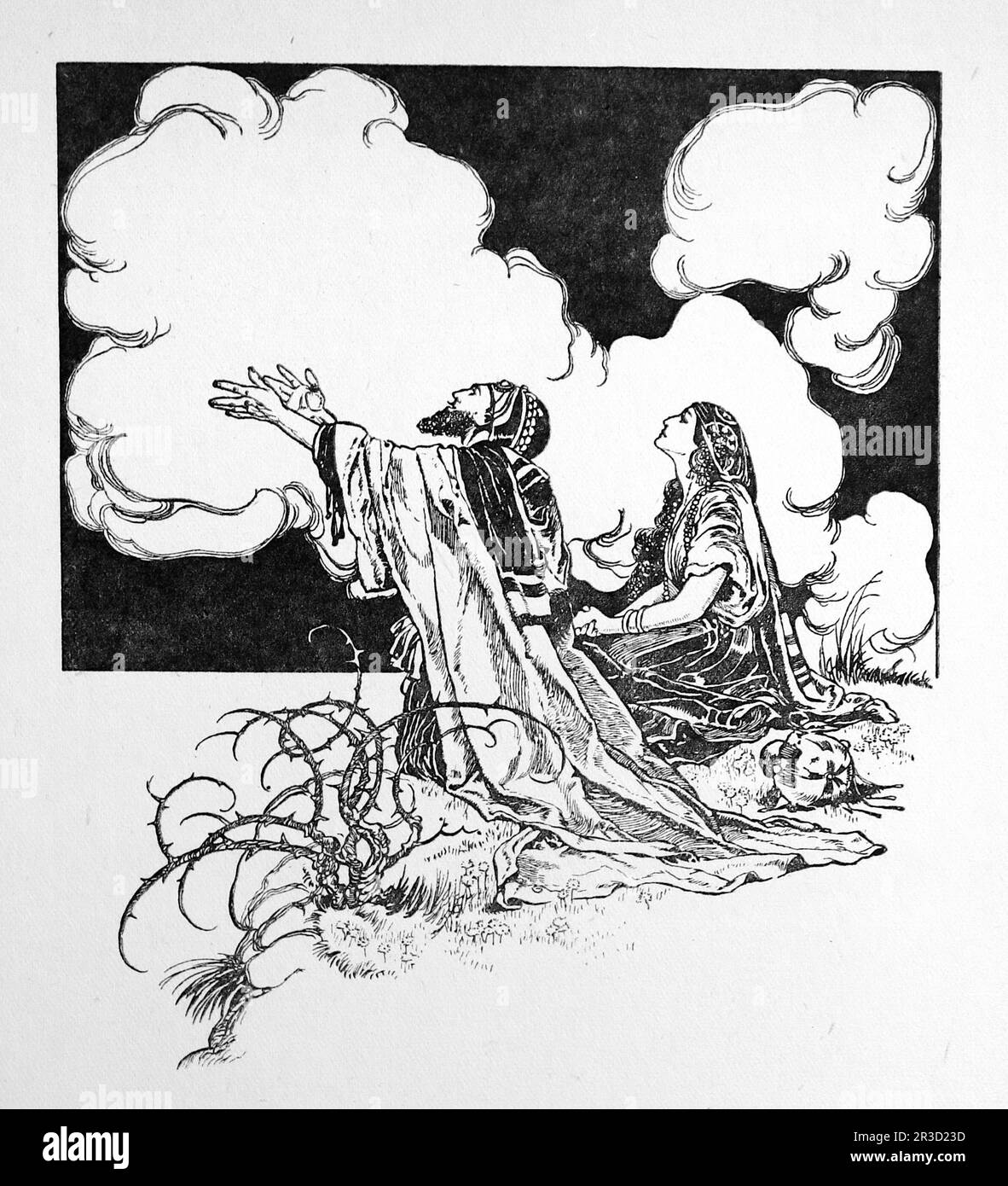By Rene Bull. Line drawing of a man and woman, he is holding his pleading hands up to a cloudy sky. From The Rubaiyat of Omar Khayyam. Stock Photo