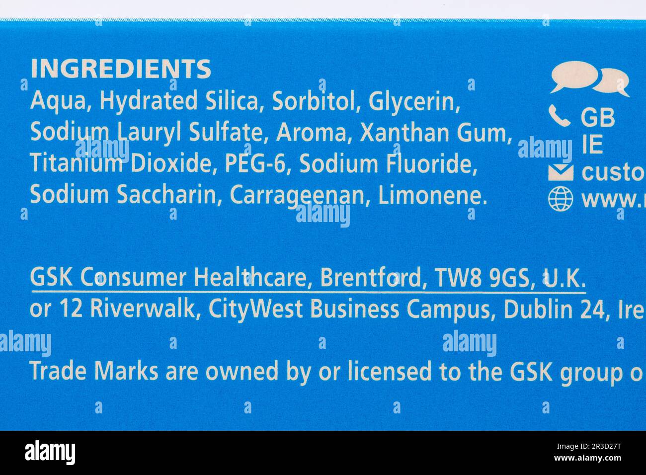 Toothpaste ingredients listed on box of Macleans fresh mint toothpaste