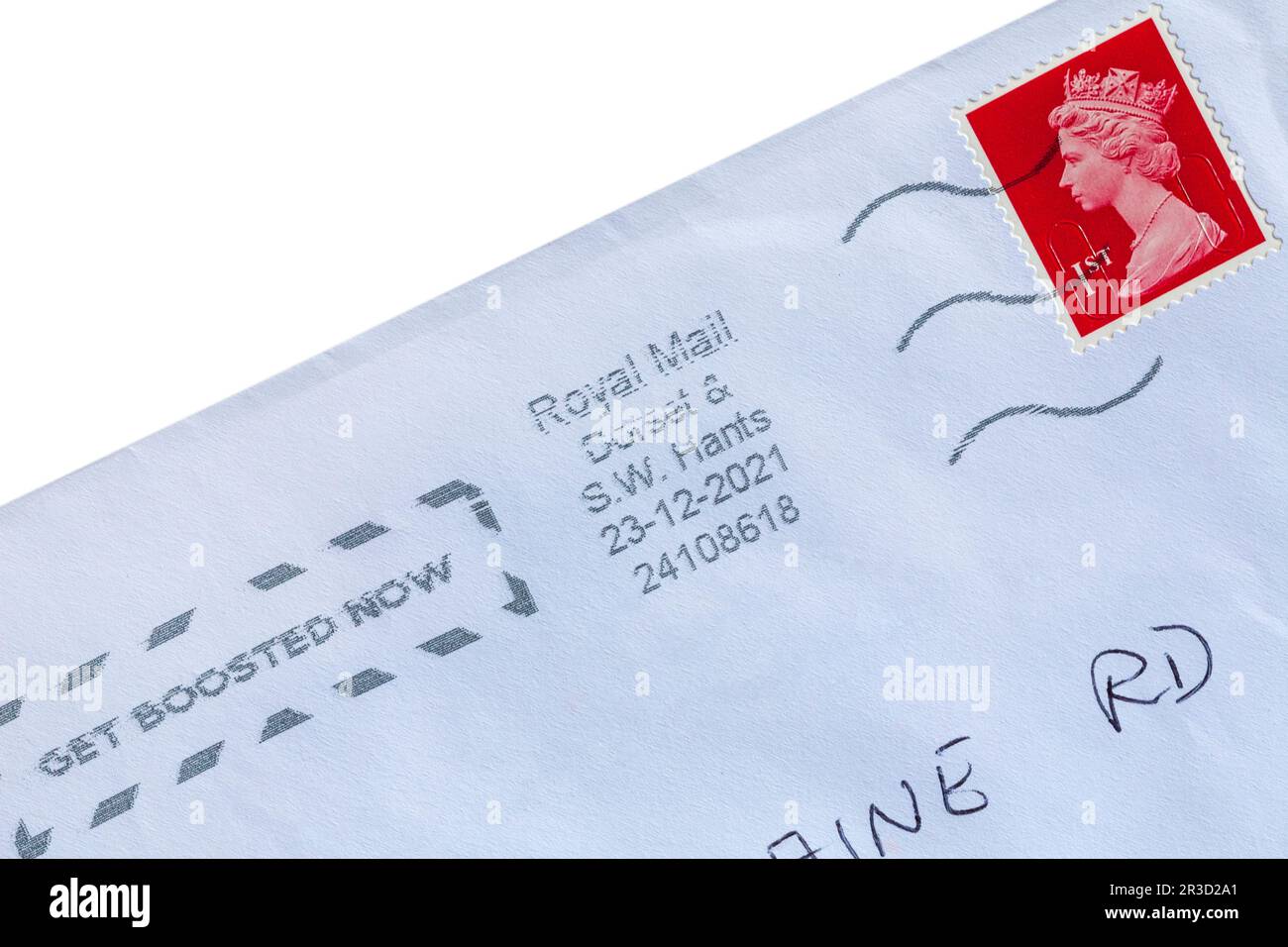 1st class stamp stuck on white envelope 2021 with Get Boosted Now ...
