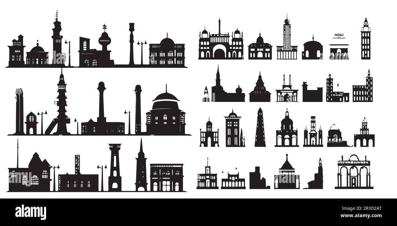 A collection of different silhouette-building vectors. Stock Vector