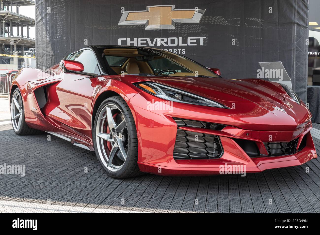 Indianapolis - Circa May 2023: Chevrolet Corvette display at IMS. Chevy offers the Corvette in 1LT, 2LT, 3LT, and Z06 models. Stock Photo