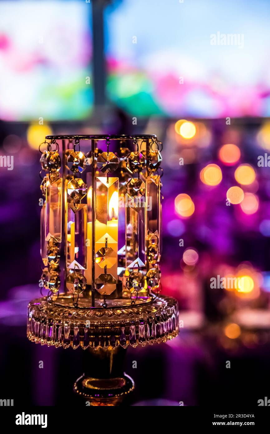 Christmas Decor with candles and lamps for a large party or banquet Stock Photo