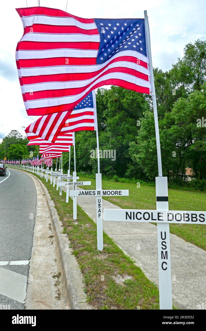 American flags and crosses celebrate the memory  of those who have served in the American military during Memorial Day observance across America. Stock Photo
