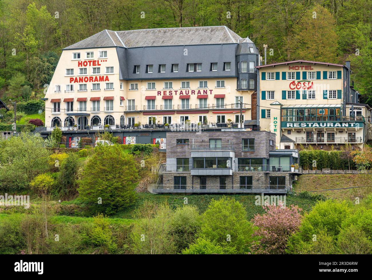 Bouillon, Belgium, 05.05.2023, View of Hotel Panorama and Hotel Cosy located nearby the center of Bouillon Stock Photo